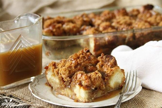  A delightful bite of bread pudding with a crispy outer layer and a soft, warm center.