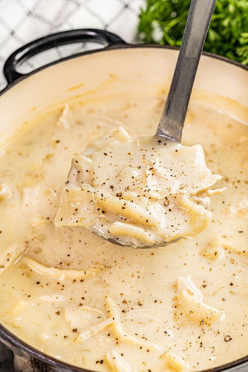  A generous serving of Southern-style chicken and dumplings is always a crowd-pleaser.