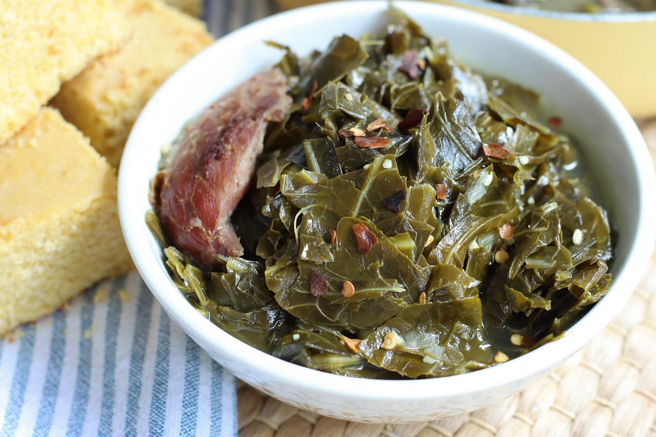  A hearty pot of collard greens, slow-cooked to perfection