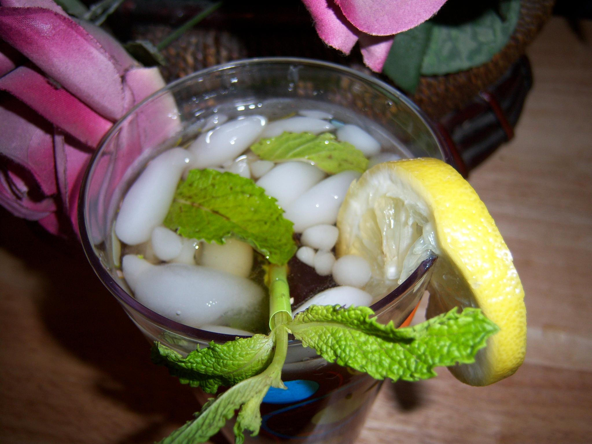  A refreshing glass of homemade southern iced tea with a slice of lemon on the side.