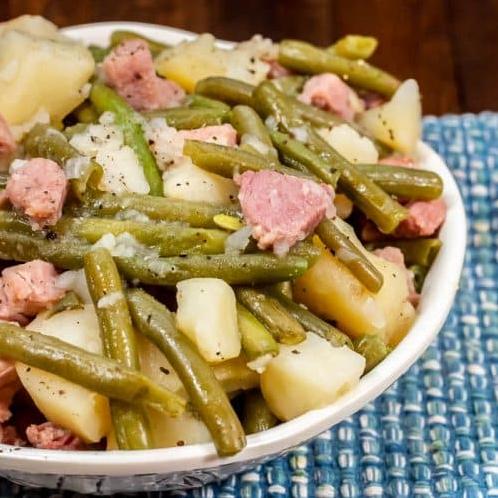 Comfort food at its best - Southern-style green beans, ham, and potatoes.