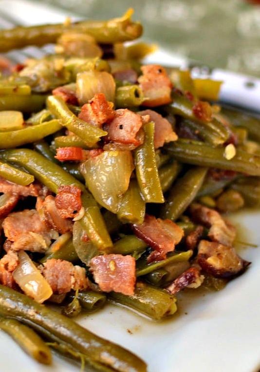 Fresh green beans simmered in savory bacon and spices.