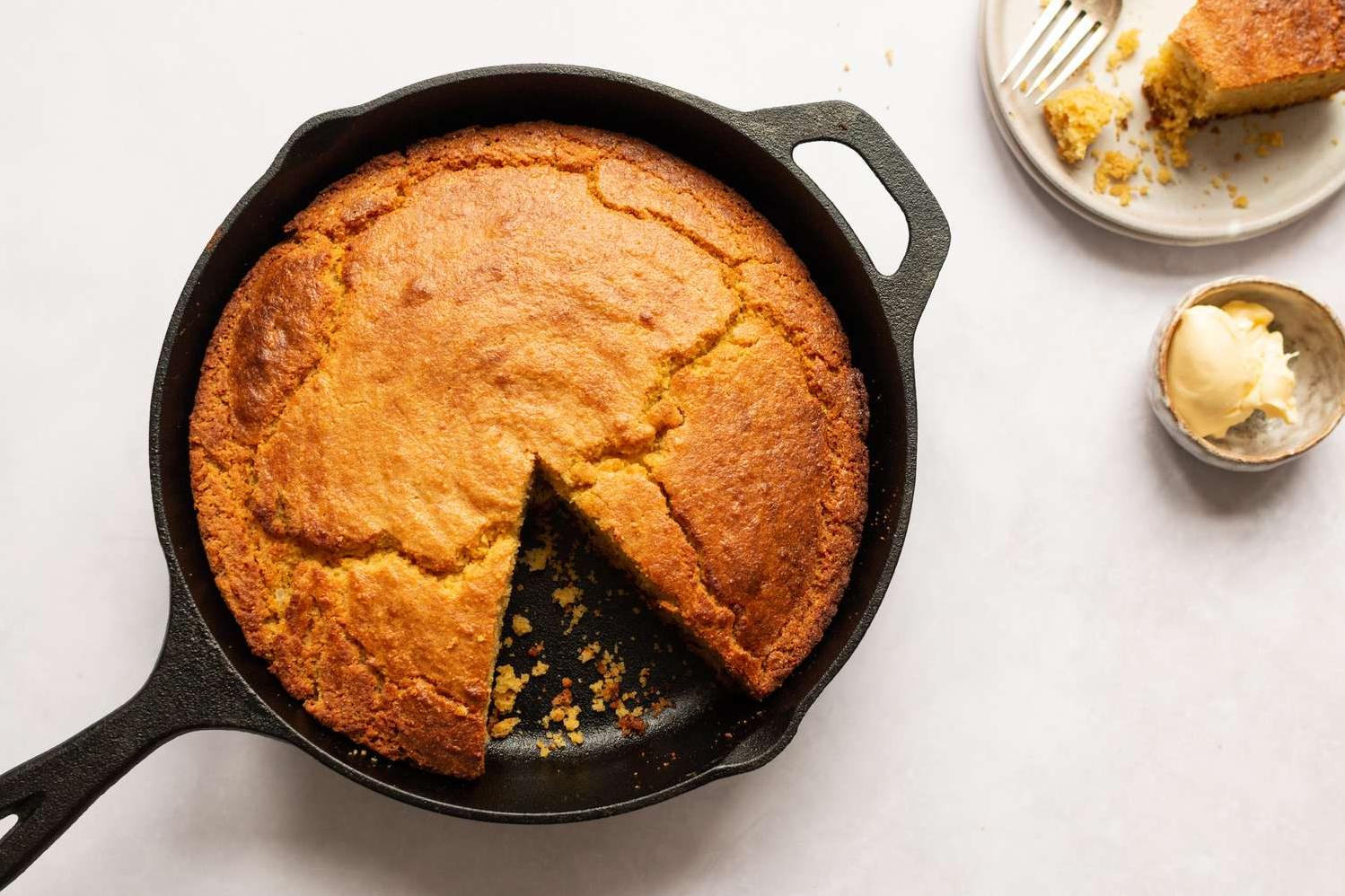  Golden-brown and crispy Southern-style skillet cornbread.
