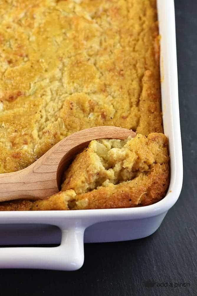  Have a bite of this warm and savory cornbread dressing, topped with golden brown edges.