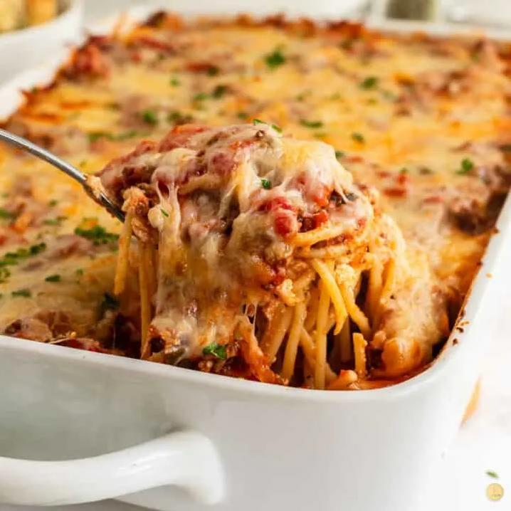  Look at that beautiful mix of cheese and noodles! It’s the Southern Spaghetti Pie, our new favorite.