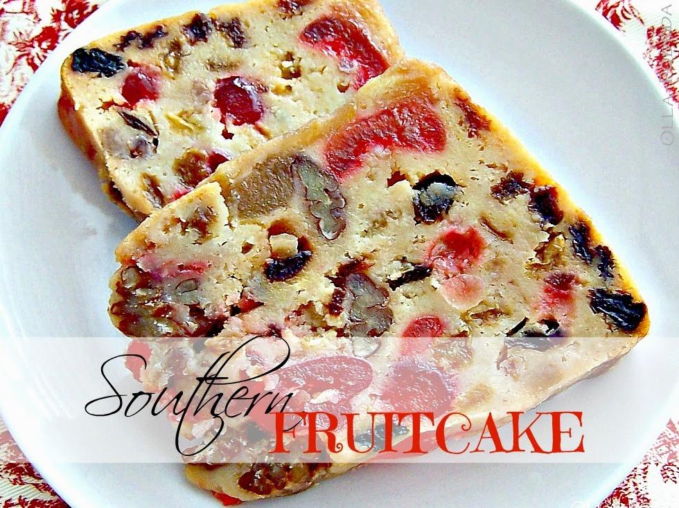  Savory pecans and candied cherries dotted throughout the fruitcake