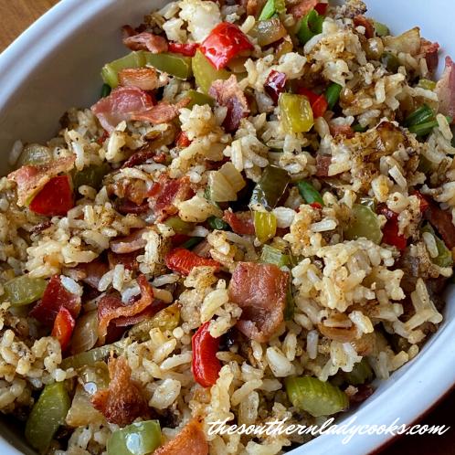  Shrimp, sausage, and veggies, oh my! This fried rice is packed with flavor and color.