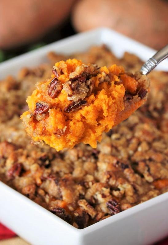  Topped with a sweet and crunchy pecan streusel, this dish is sure to impress.